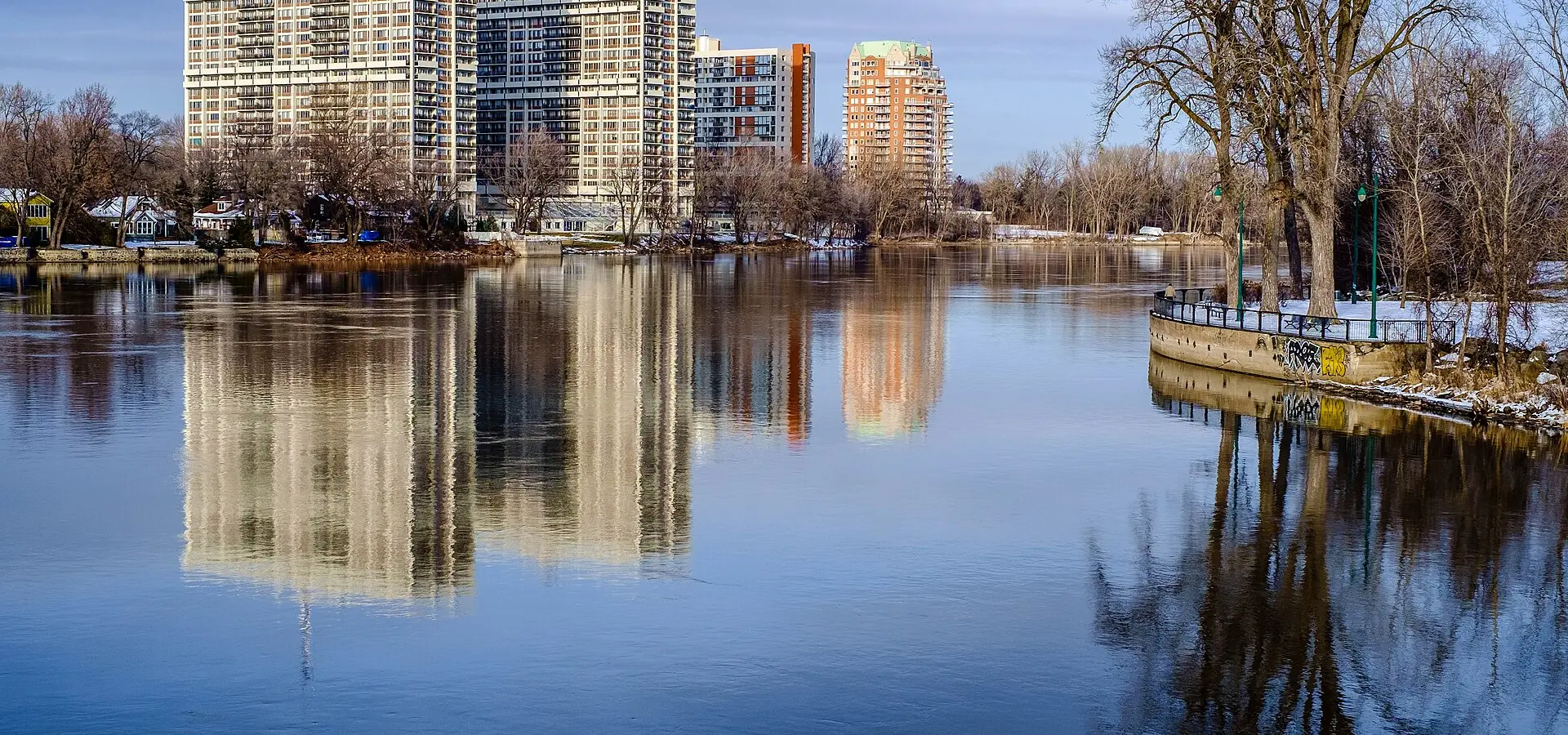 Condo towers in Laval along the Rivière des Prairies